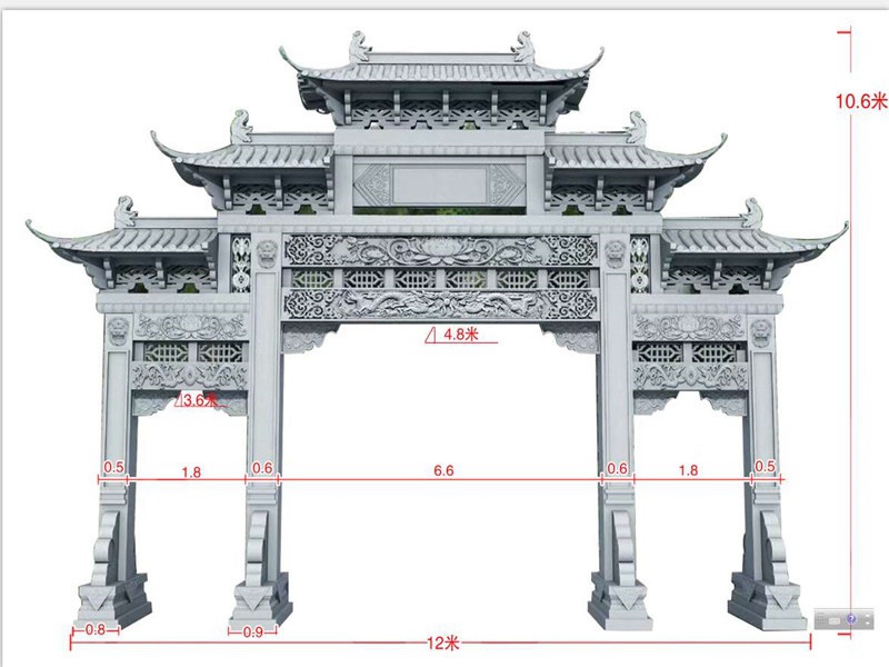 三門五樓青石牌坊尺寸效果圖[編號451]