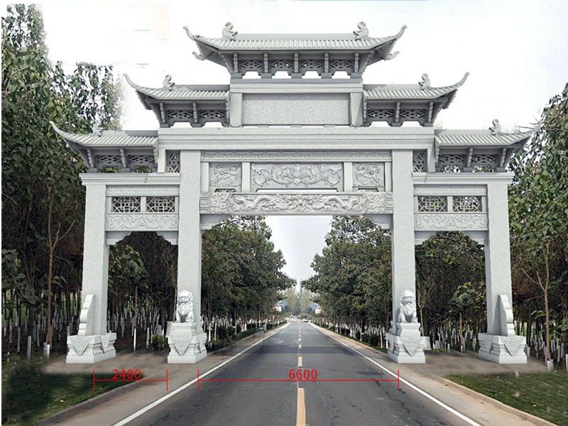 村口三門五樓石牌坊設(shè)計(jì)效果圖